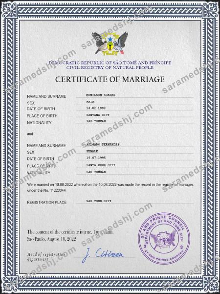 Sao Tome and Principe marriage certificate PSD template